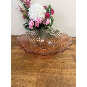 Vintage Anchor Hocking Mayfair Open Rose Pink Depression Glass Footed Bowl Retro